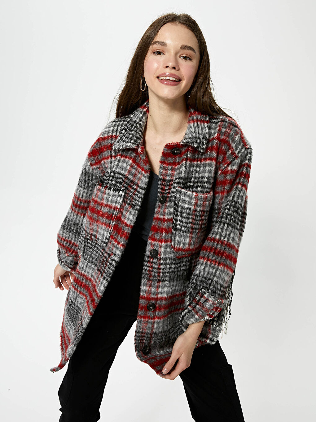 Kırmızı Gömlek Yaka Cep Detaylı Ekose Uzun Kollu Kadın Kaşe Kaban-5