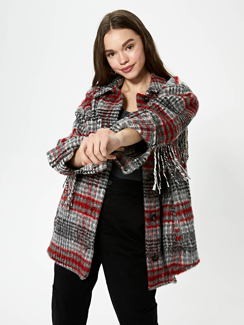 Kırmızı Gömlek Yaka Cep Detaylı Ekose Uzun Kollu Kadın Kaşe Kaban-6