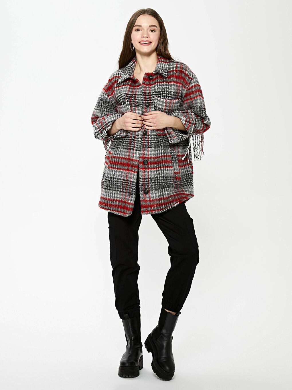 Kırmızı Gömlek Yaka Cep Detaylı Ekose Uzun Kollu Kadın Kaşe Kaban-7