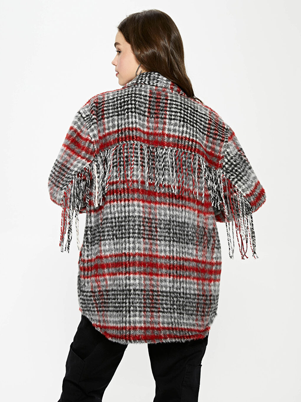 Kırmızı Gömlek Yaka Cep Detaylı Ekose Uzun Kollu Kadın Kaşe Kaban-8