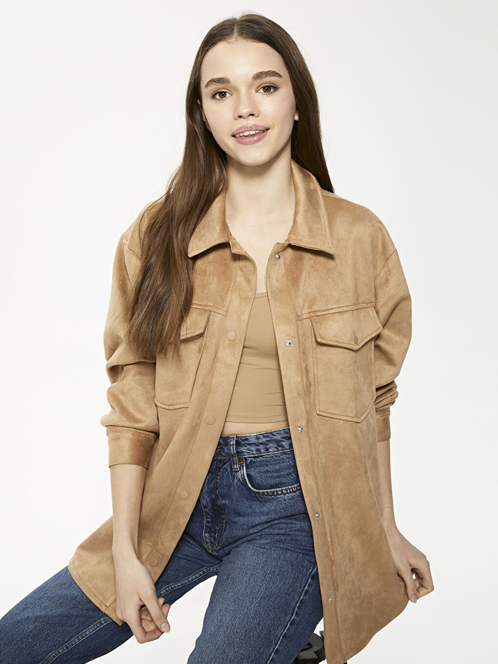 LCW Vision Shirt Collar Long Sleeve Suede Women Coat -S1BL46Z8-FBV
