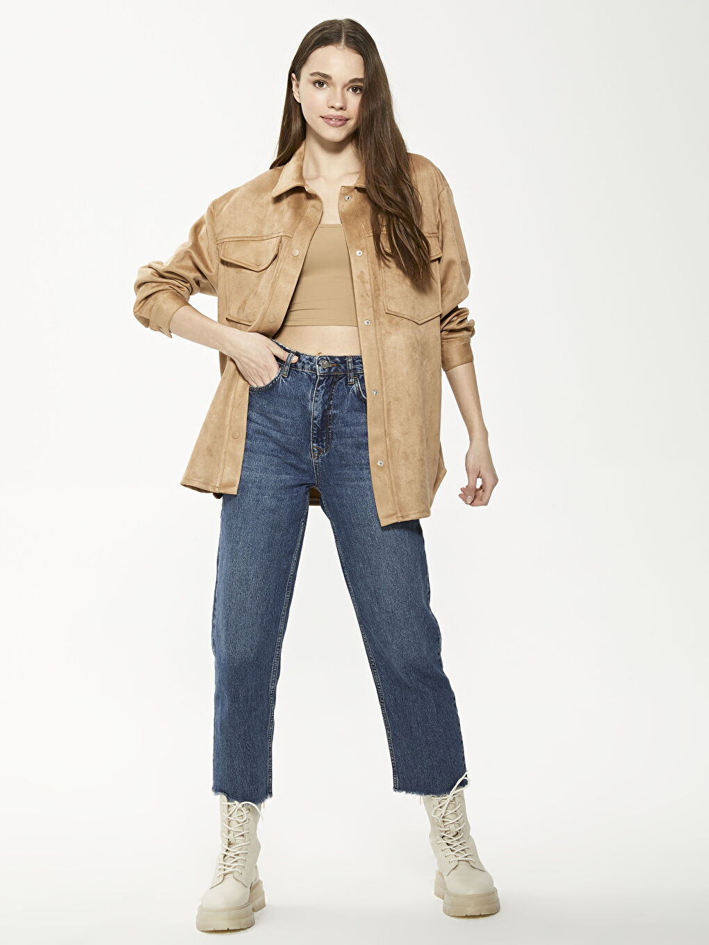 LCW Vision Shirt Collar Long Sleeve Suede Women Coat -S1BL46Z8-FBV