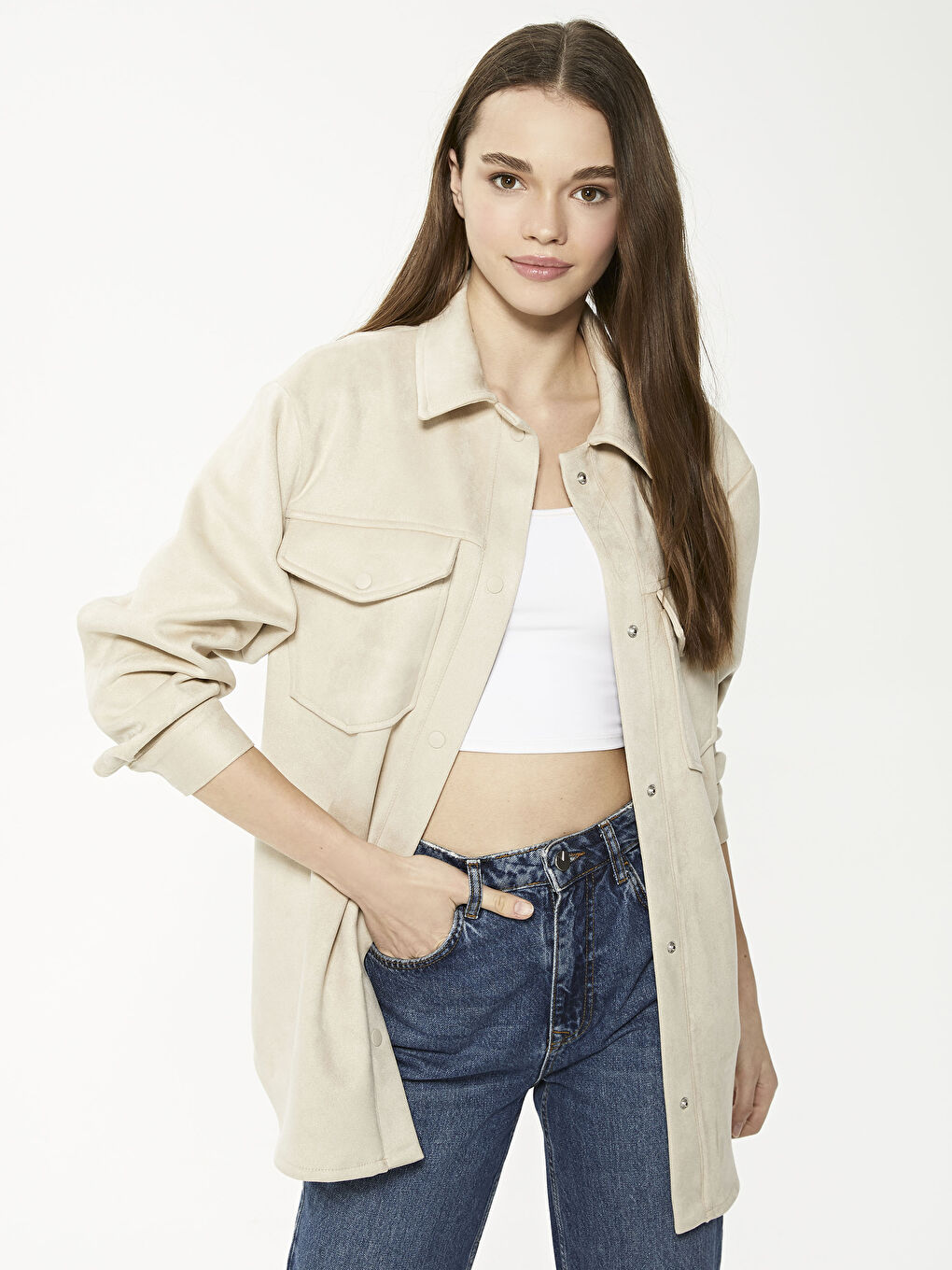 Bej Gömlek Yaka Uzun Kollu Süet Kadın Mont-1