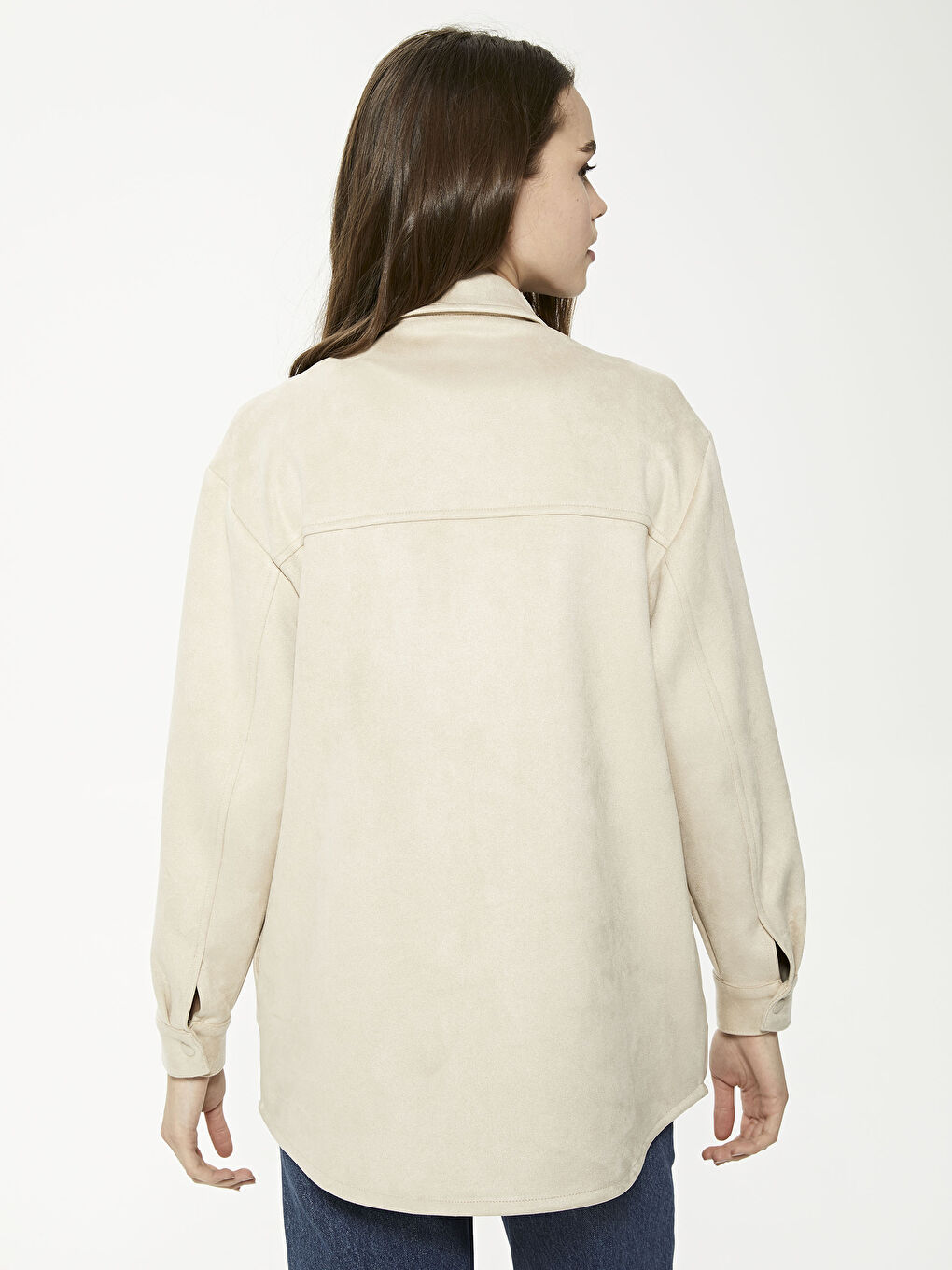 Bej Gömlek Yaka Uzun Kollu Süet Kadın Mont-4