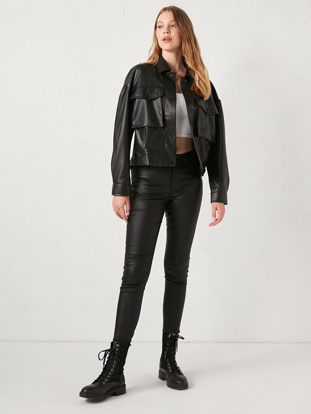 Geacă din piele ecologică simplă cu guler de cămașă pentru femei-3