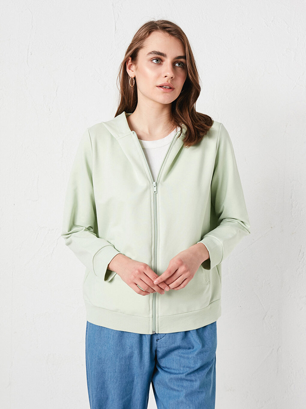 Yeşil Kapüşonlu Düz Uzun Kollu Kadın Hırka-7