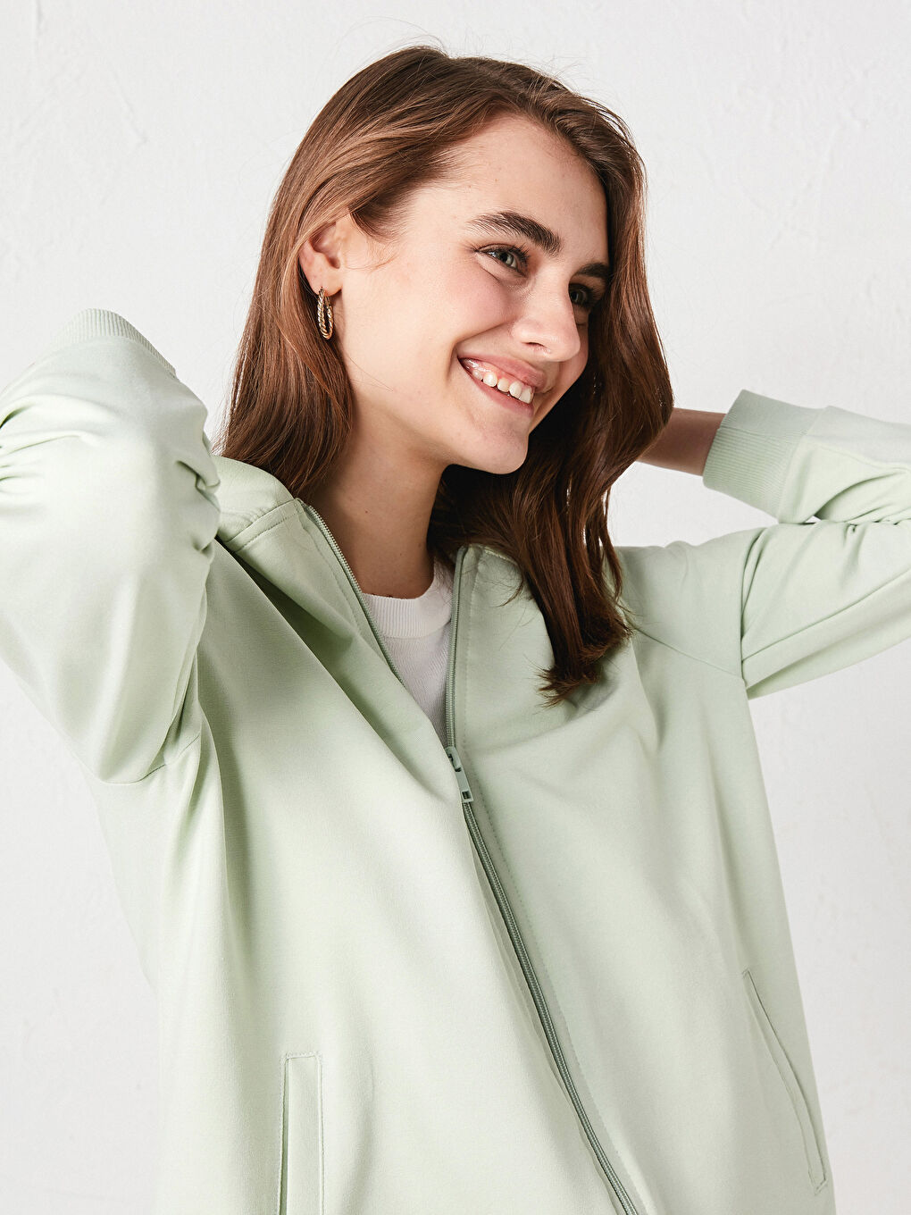Yeşil Kapüşonlu Düz Uzun Kollu Kadın Hırka-8