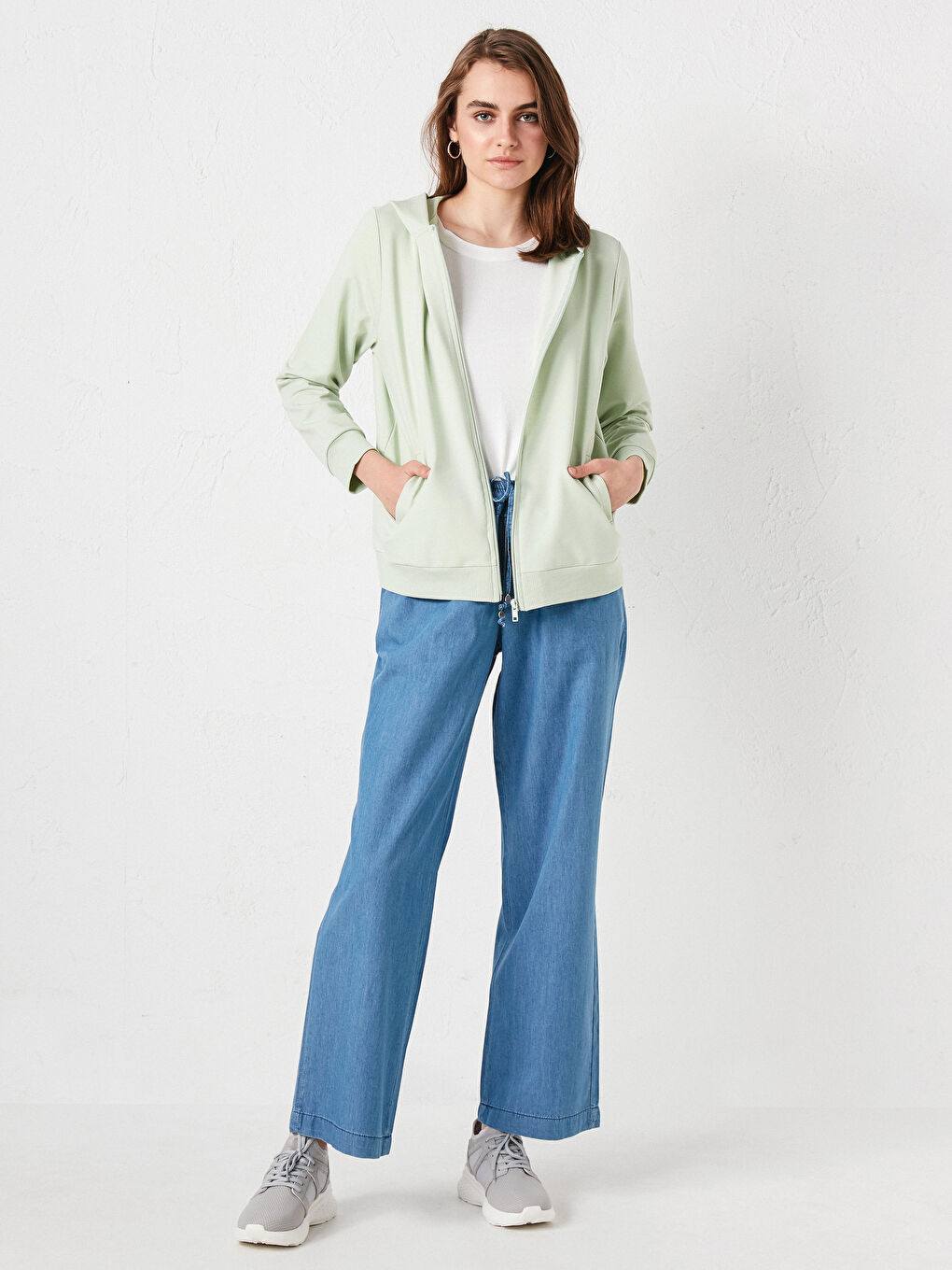 Yeşil Kapüşonlu Düz Uzun Kollu Kadın Hırka-9