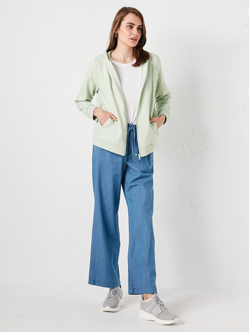 Yeşil Kapüşonlu Düz Uzun Kollu Kadın Hırka-10