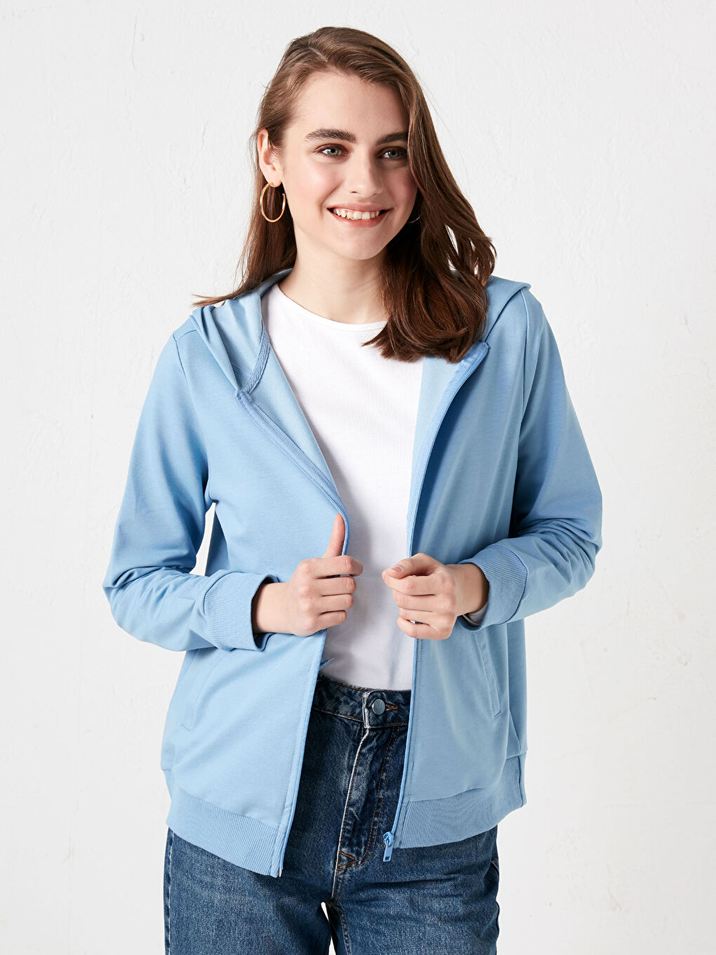 Mavi Kapüşonlu Düz Uzun Kollu Kadın Hırka-5