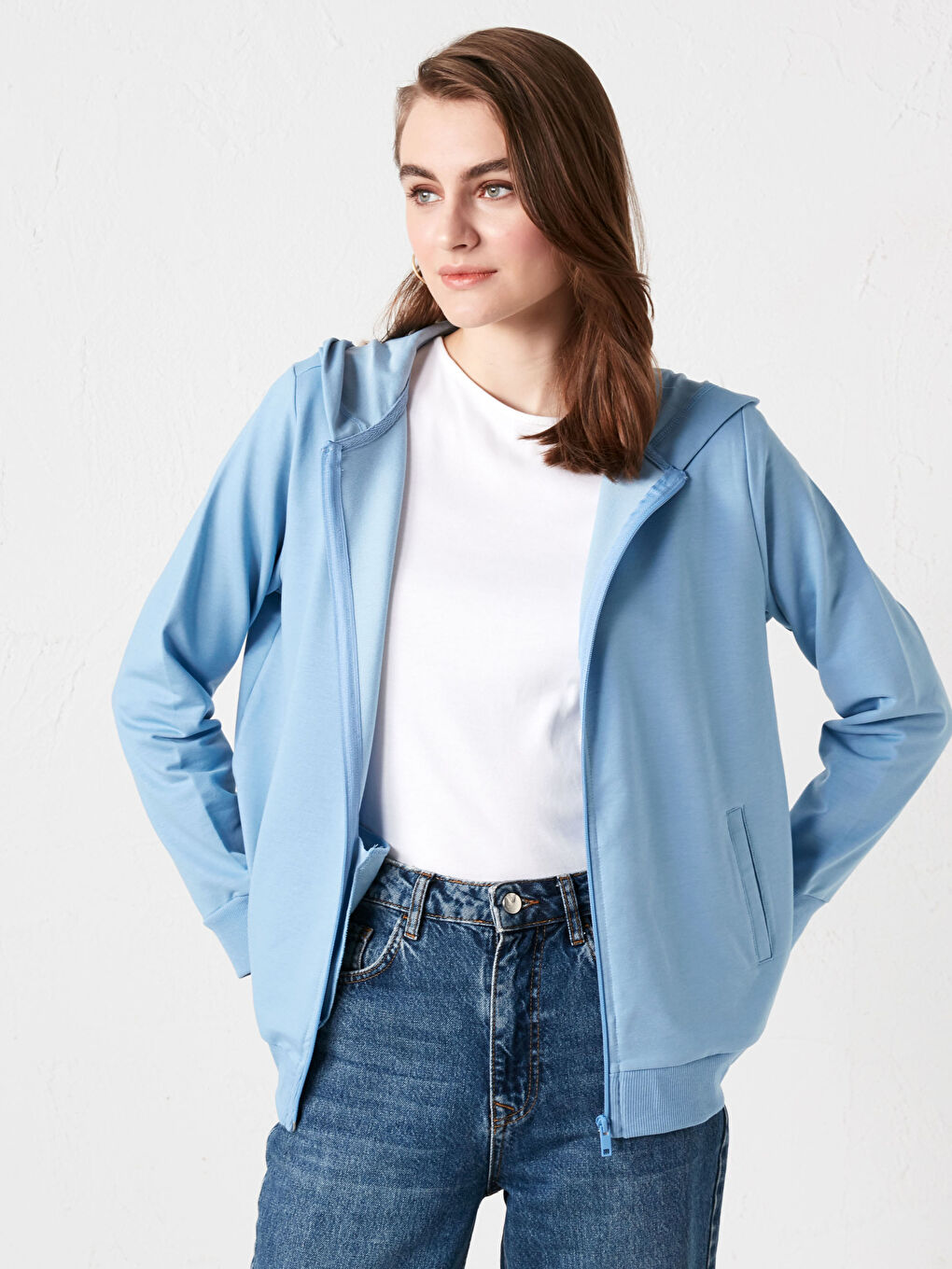 Mavi Kapüşonlu Düz Uzun Kollu Kadın Hırka-6