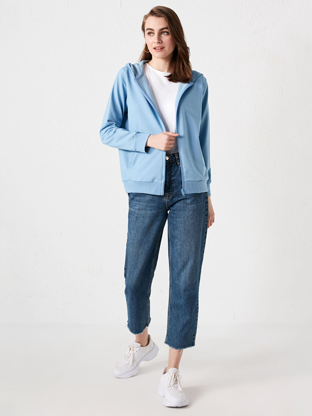 Mavi Kapüşonlu Düz Uzun Kollu Kadın Hırka-7
