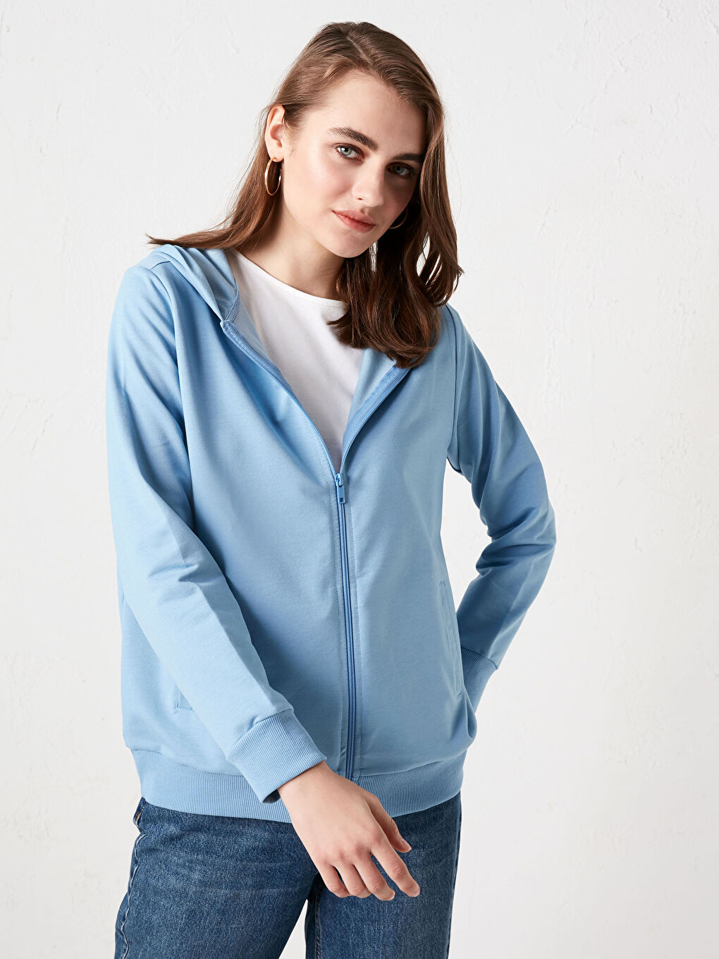 Mavi Kapüşonlu Düz Uzun Kollu Kadın Hırka-8