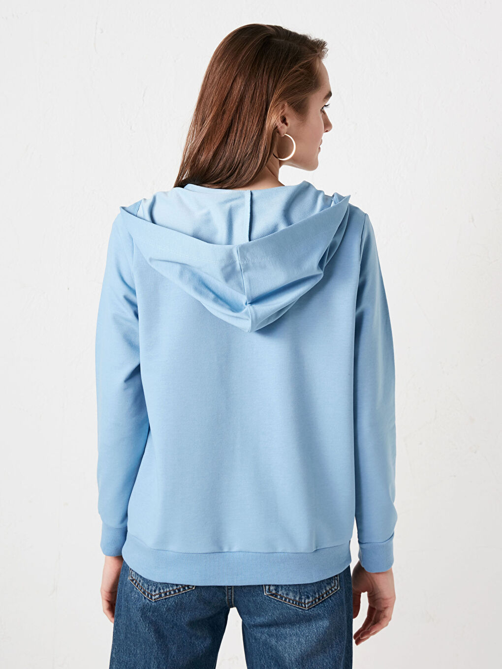Mavi Kapüşonlu Düz Uzun Kollu Kadın Hırka-9