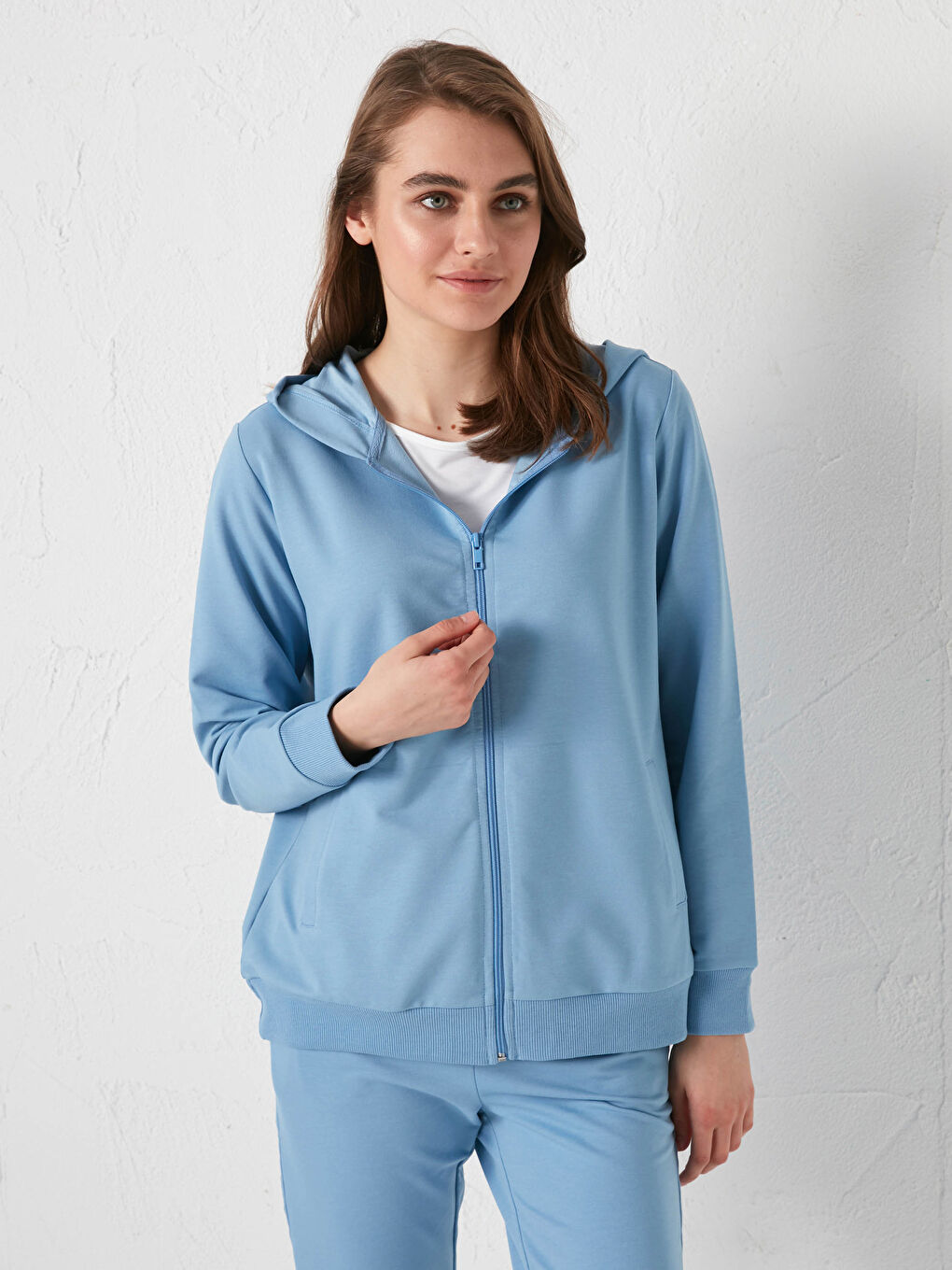 Mavi Kapüşonlu Düz Uzun Kollu Kadın Hırka