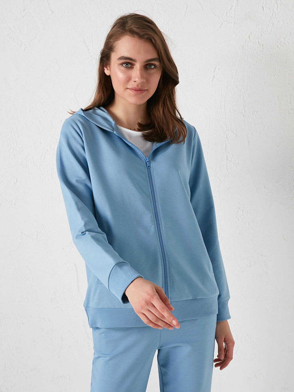 Mavi Kapüşonlu Düz Uzun Kollu Kadın Hırka-1