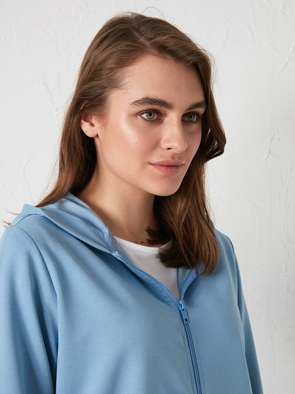 Mavi Kapüşonlu Düz Uzun Kollu Kadın Hırka-2