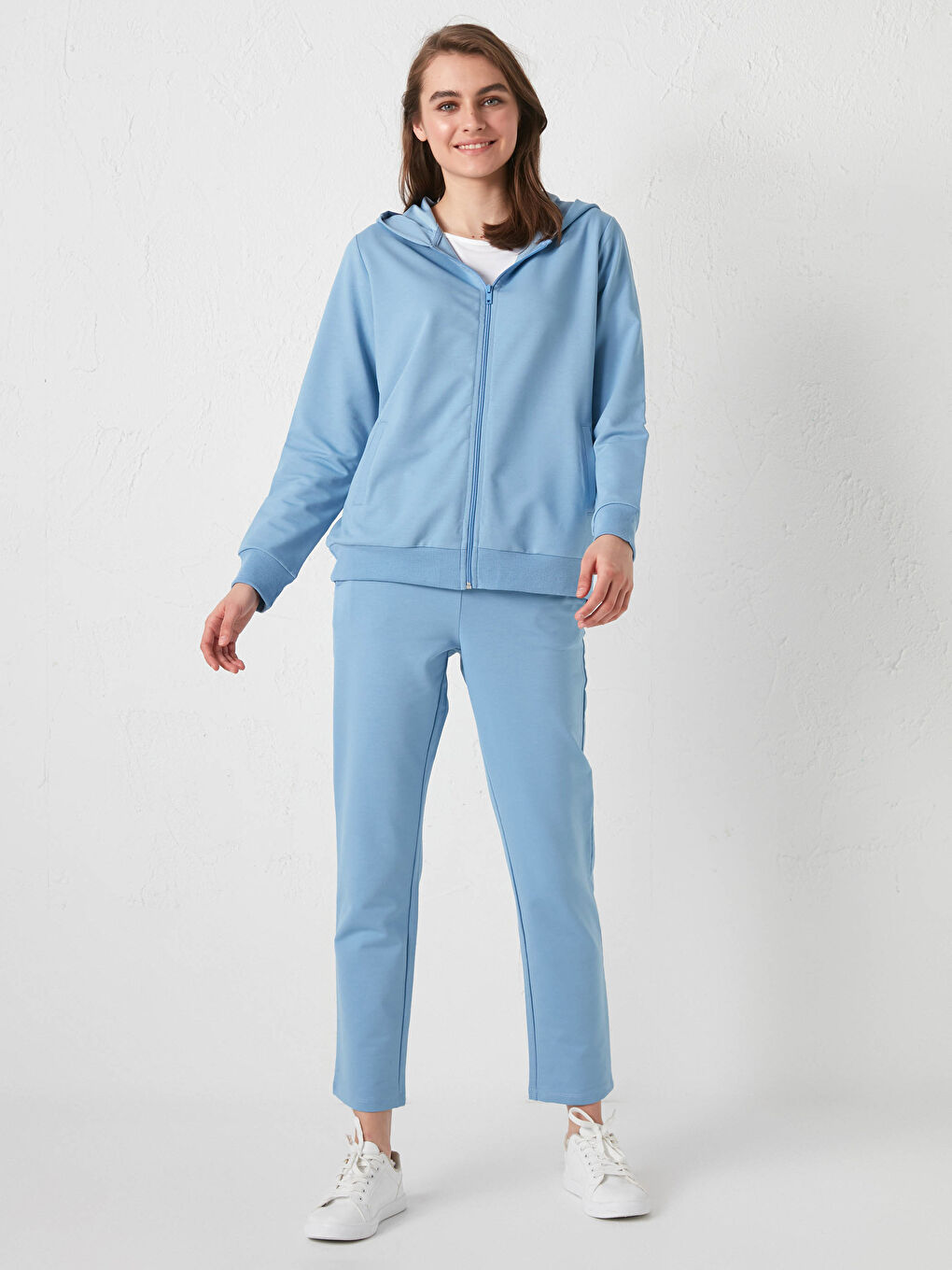 Mavi Kapüşonlu Düz Uzun Kollu Kadın Hırka-3