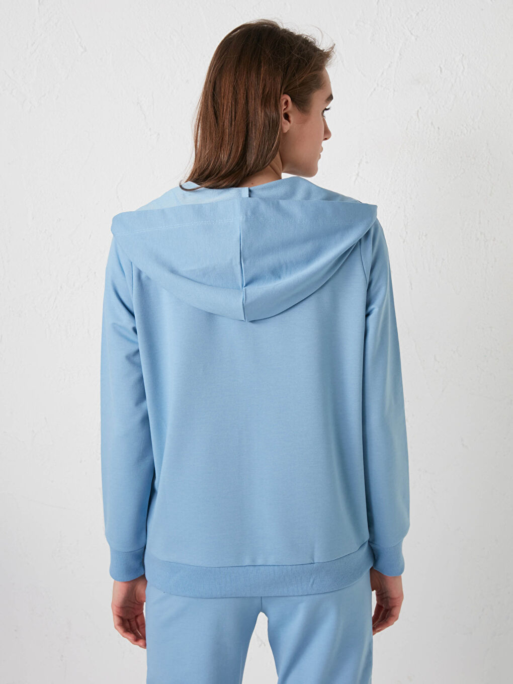 Mavi Kapüşonlu Düz Uzun Kollu Kadın Hırka-4