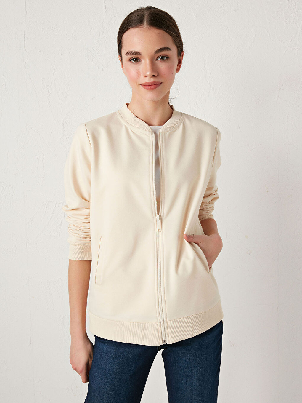 Ekru Kolej Yaka Düz Uzun Kollu Kadın Hırka-10