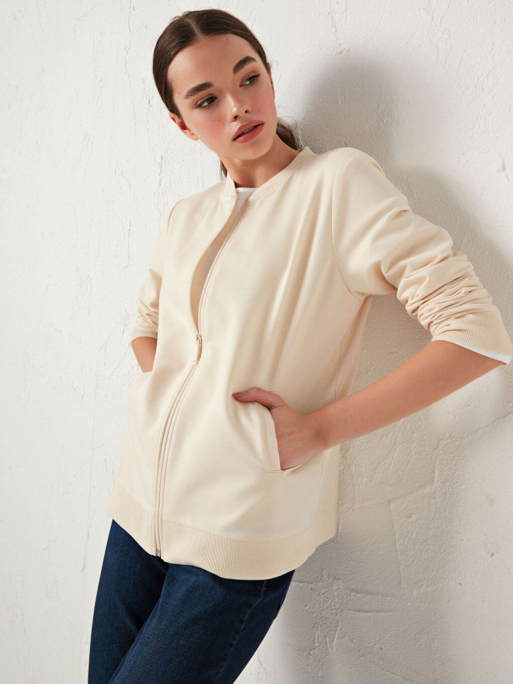 Ekru Kolej Yaka Düz Uzun Kollu Kadın Hırka-11