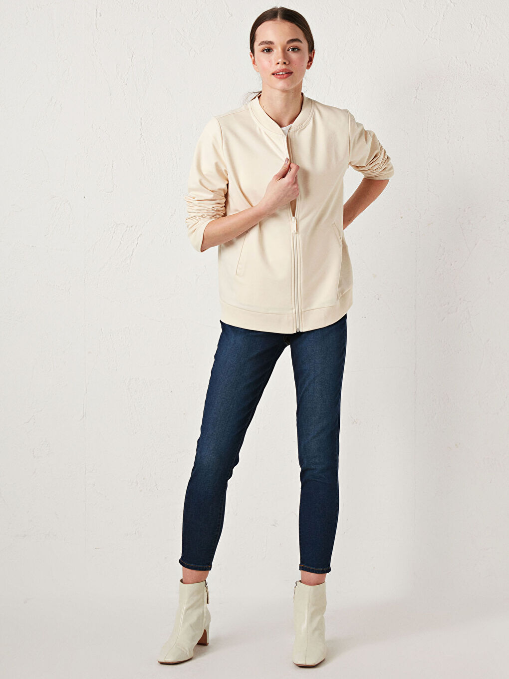 Ekru Kolej Yaka Düz Uzun Kollu Kadın Hırka-12