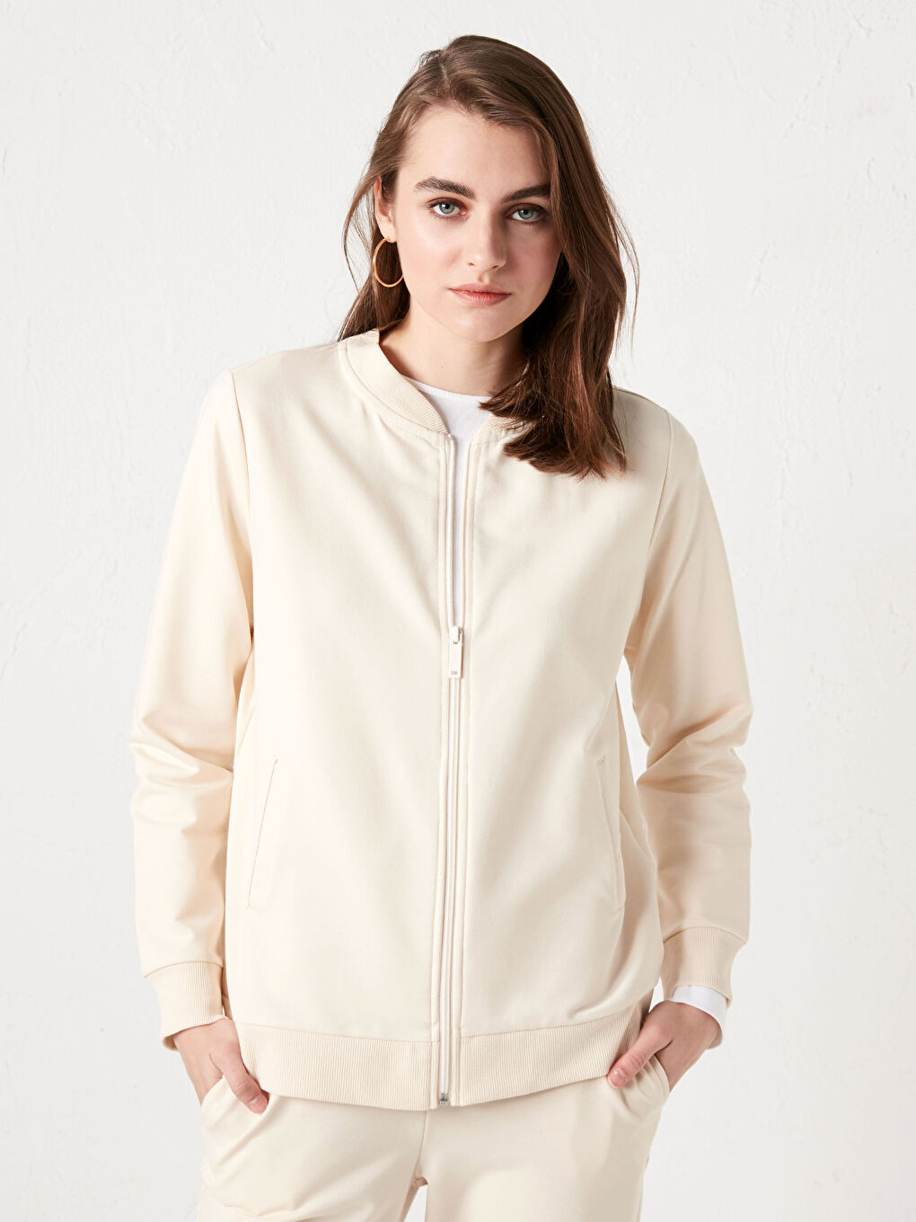 Ekru Kolej Yaka Düz Uzun Kollu Kadın Hırka-5