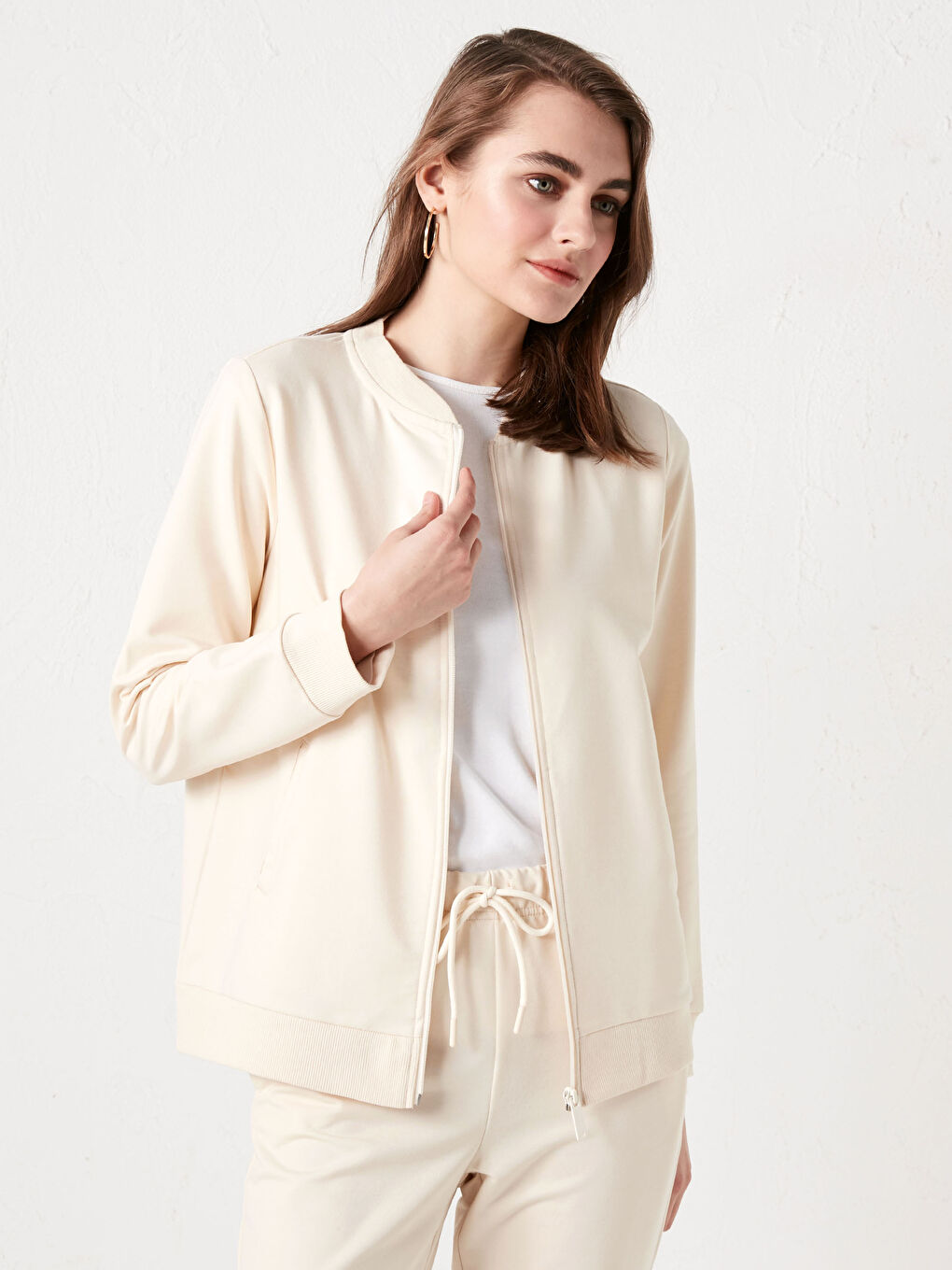 Ekru Kolej Yaka Düz Uzun Kollu Kadın Hırka-6