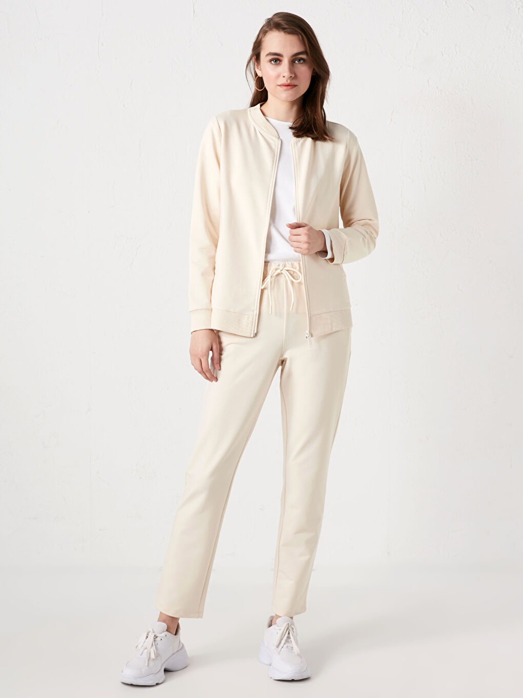 Ekru Kolej Yaka Düz Uzun Kollu Kadın Hırka-7