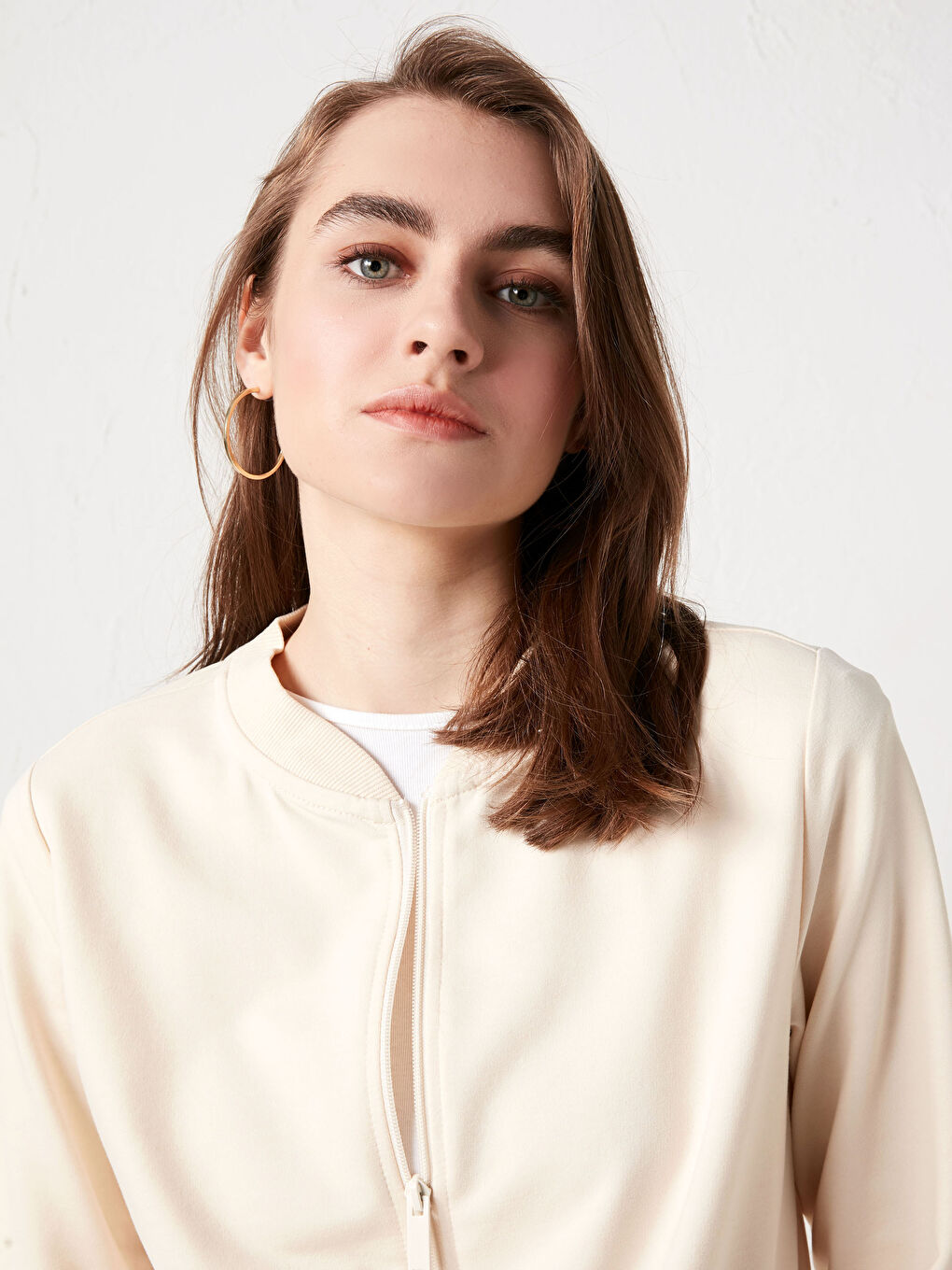 Ekru Kolej Yaka Düz Uzun Kollu Kadın Hırka-8