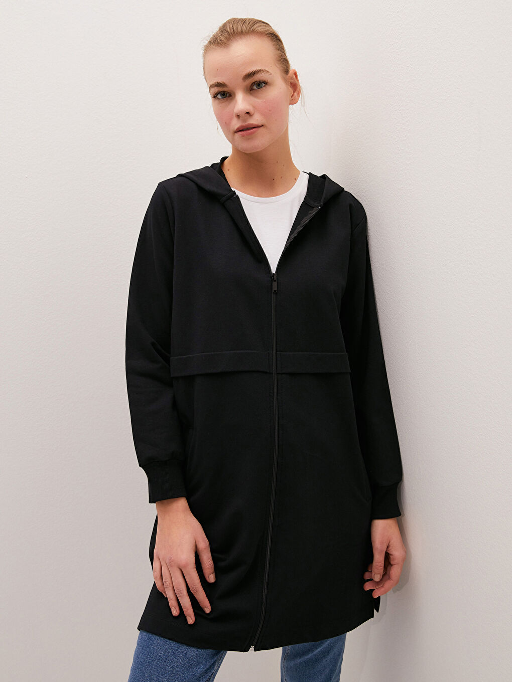 Hooded Collar Straight Zipper Closure Long Sleeve Women's Cardigan-1