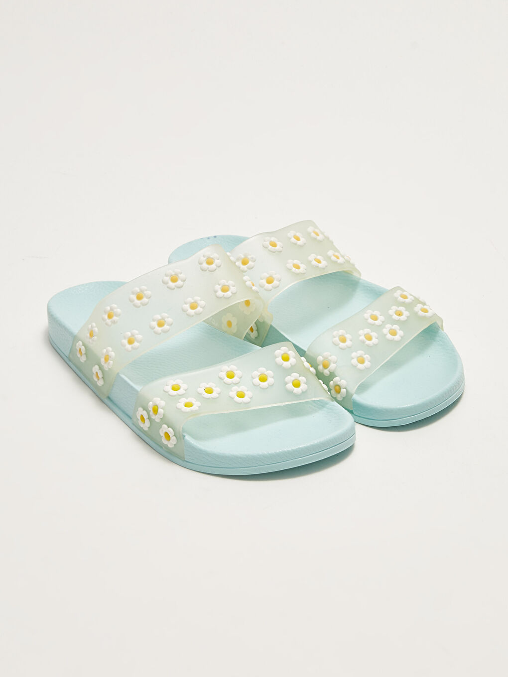 Mavi Çiçek Desenli Çift Bantlı Kadın Terlik