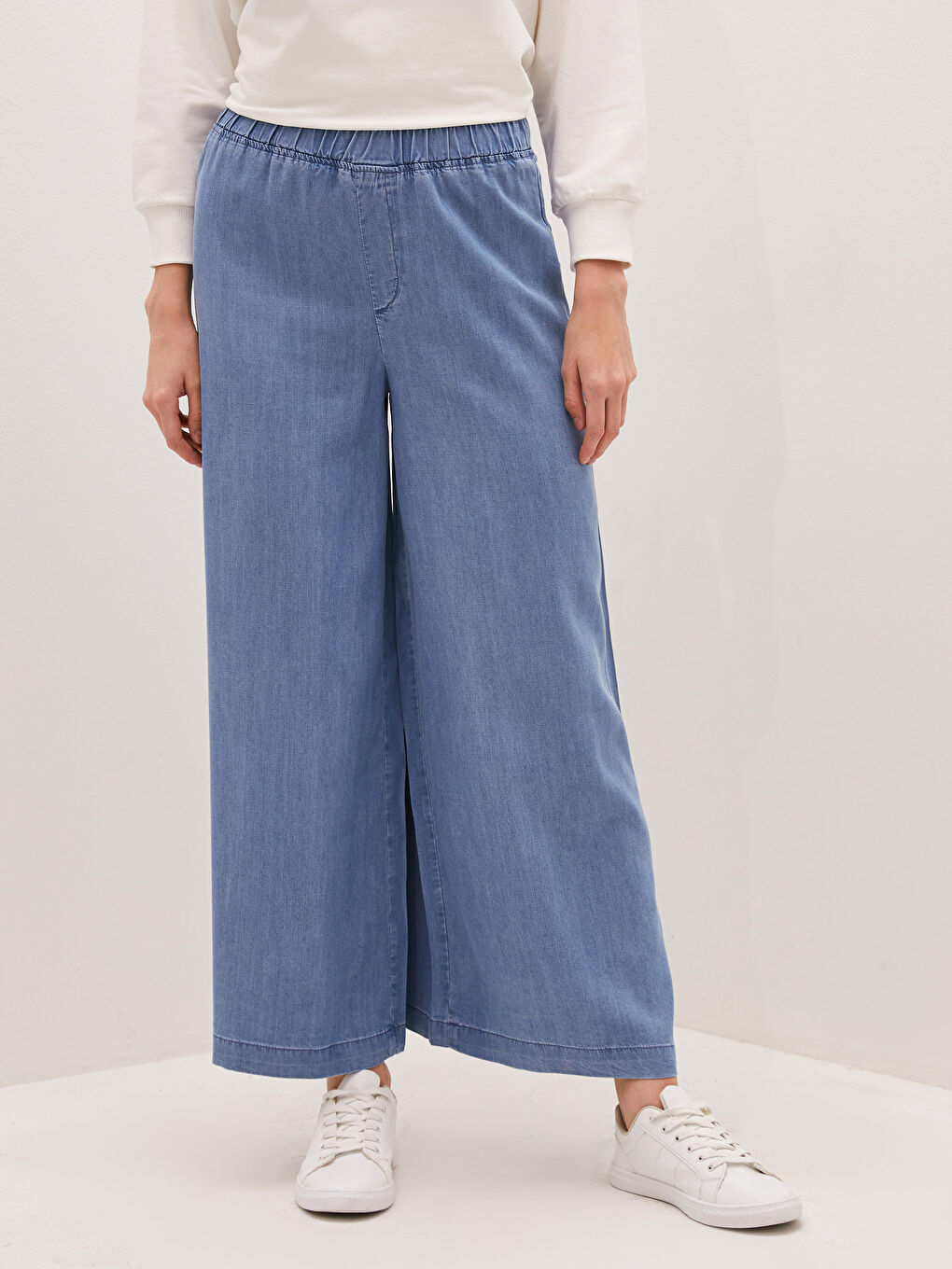 İndigo Beli Lastikli Bol Fit Geniş Paça Kadın Jean Pantolon-5