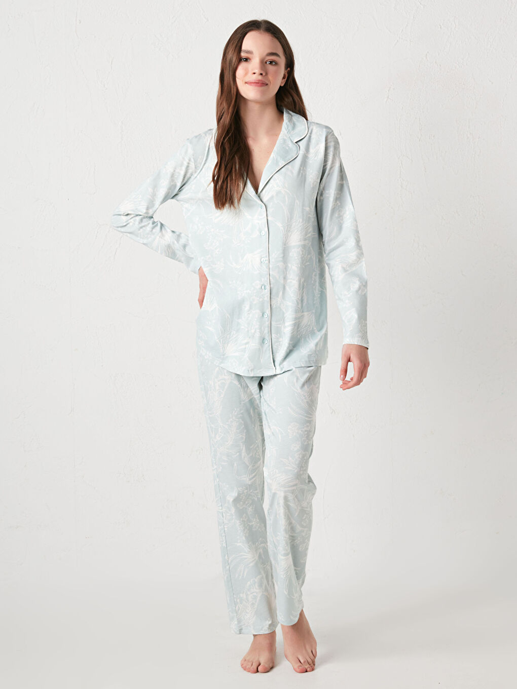 Shirt Collar Printed Long Sleeve Cotton Maternity Pajamas Set-7