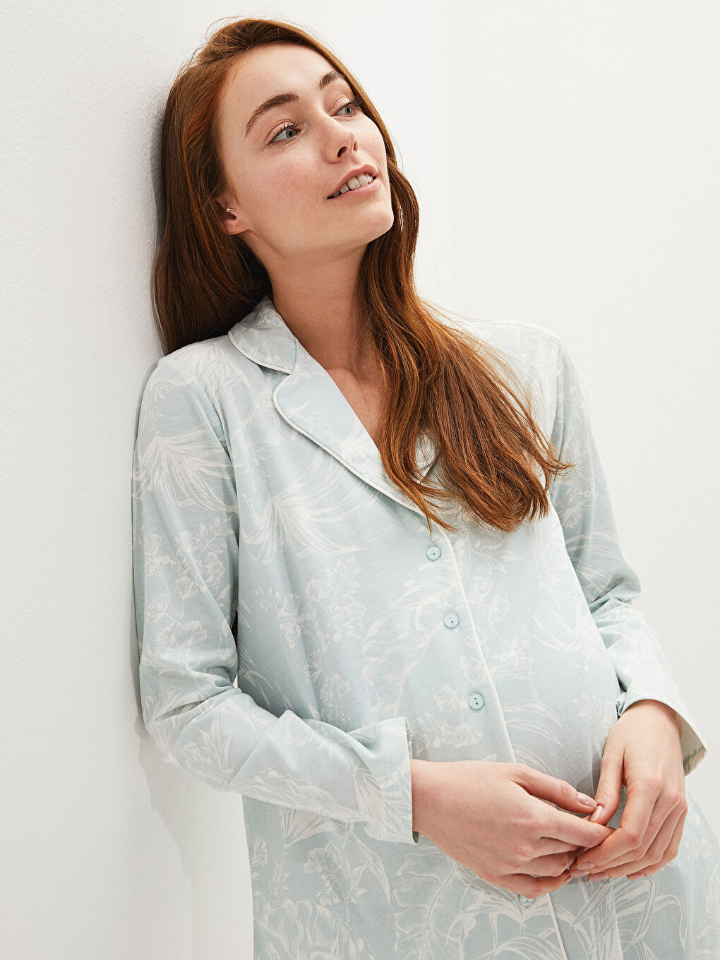 Shirt Collar Printed Long Sleeve Cotton Maternity Pajamas Set-4