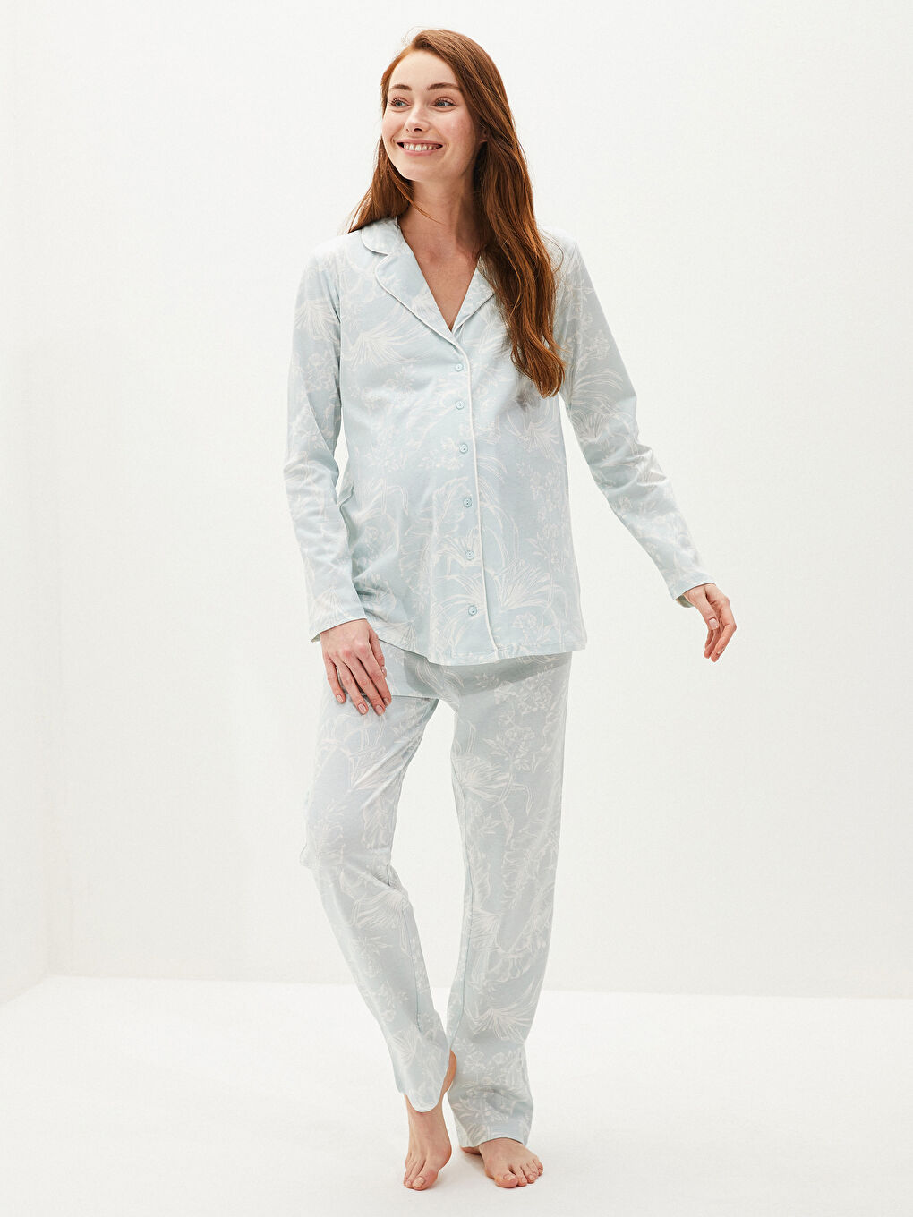 Shirt Collar Printed Long Sleeve Cotton Maternity Pajamas Set
