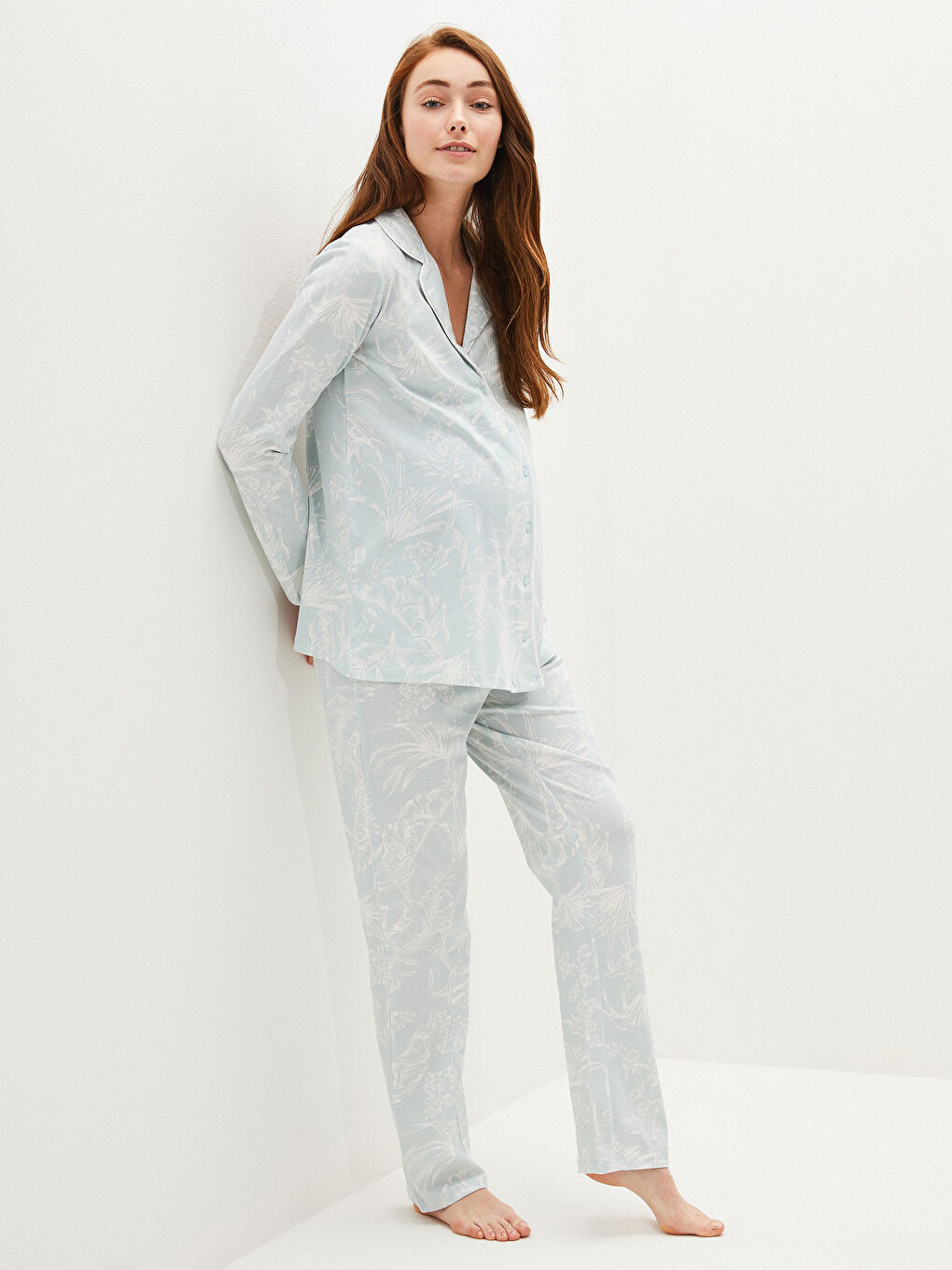 Shirt Collar Printed Long Sleeve Cotton Maternity Pajamas Set-1