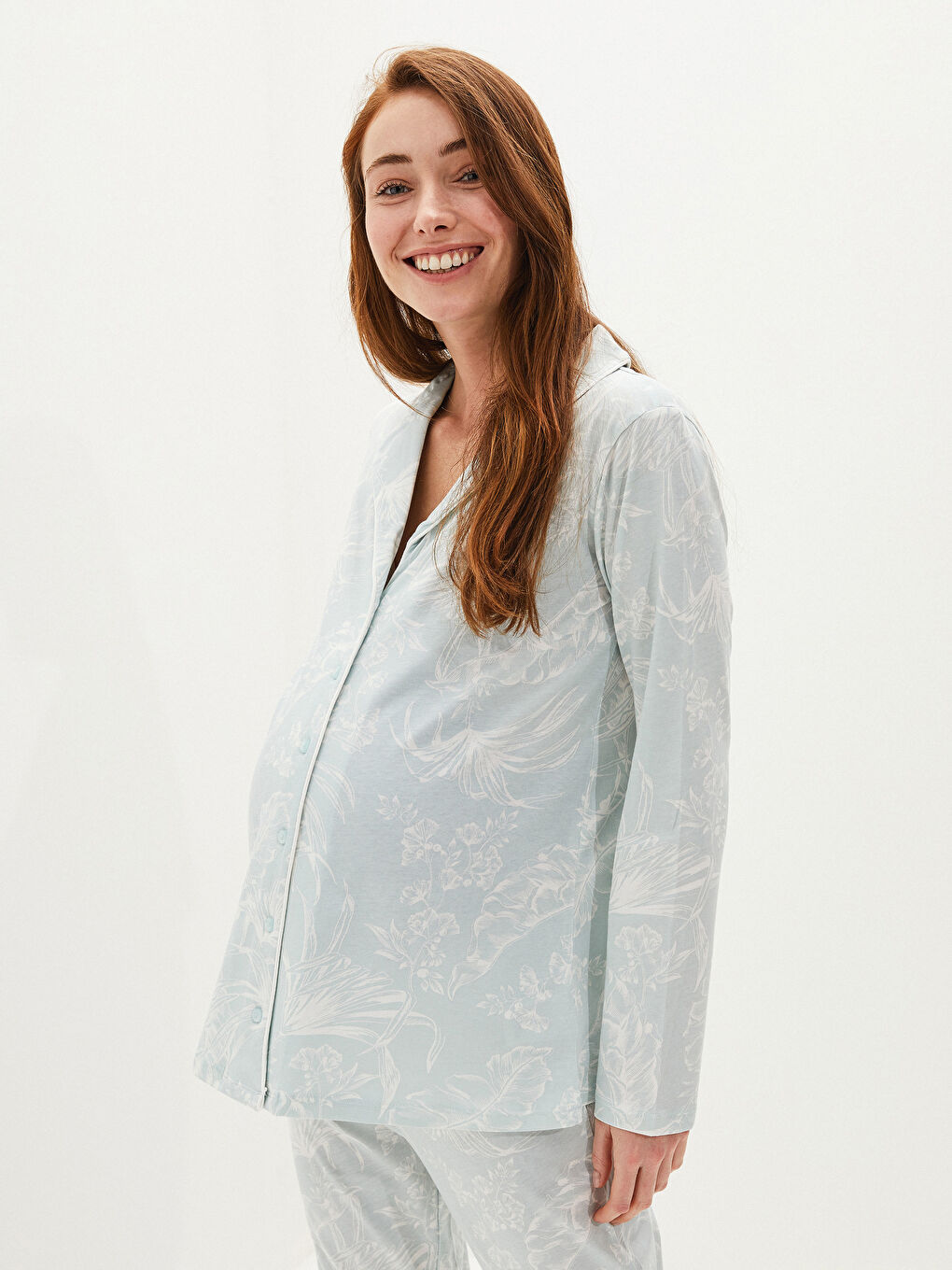 Shirt Collar Printed Long Sleeve Cotton Maternity Pajamas Set-2