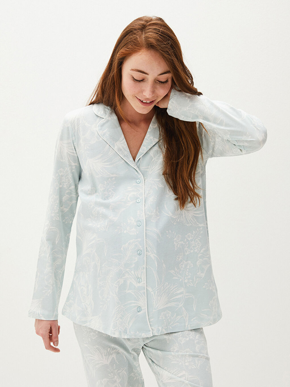 Shirt Collar Printed Long Sleeve Cotton Maternity Pajamas Set-3