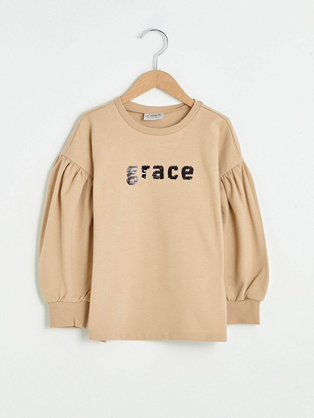 Bej Bisiklet Yaka Pul İşlemeli Uzun Kollu Kız Çocuk Sweatshirt