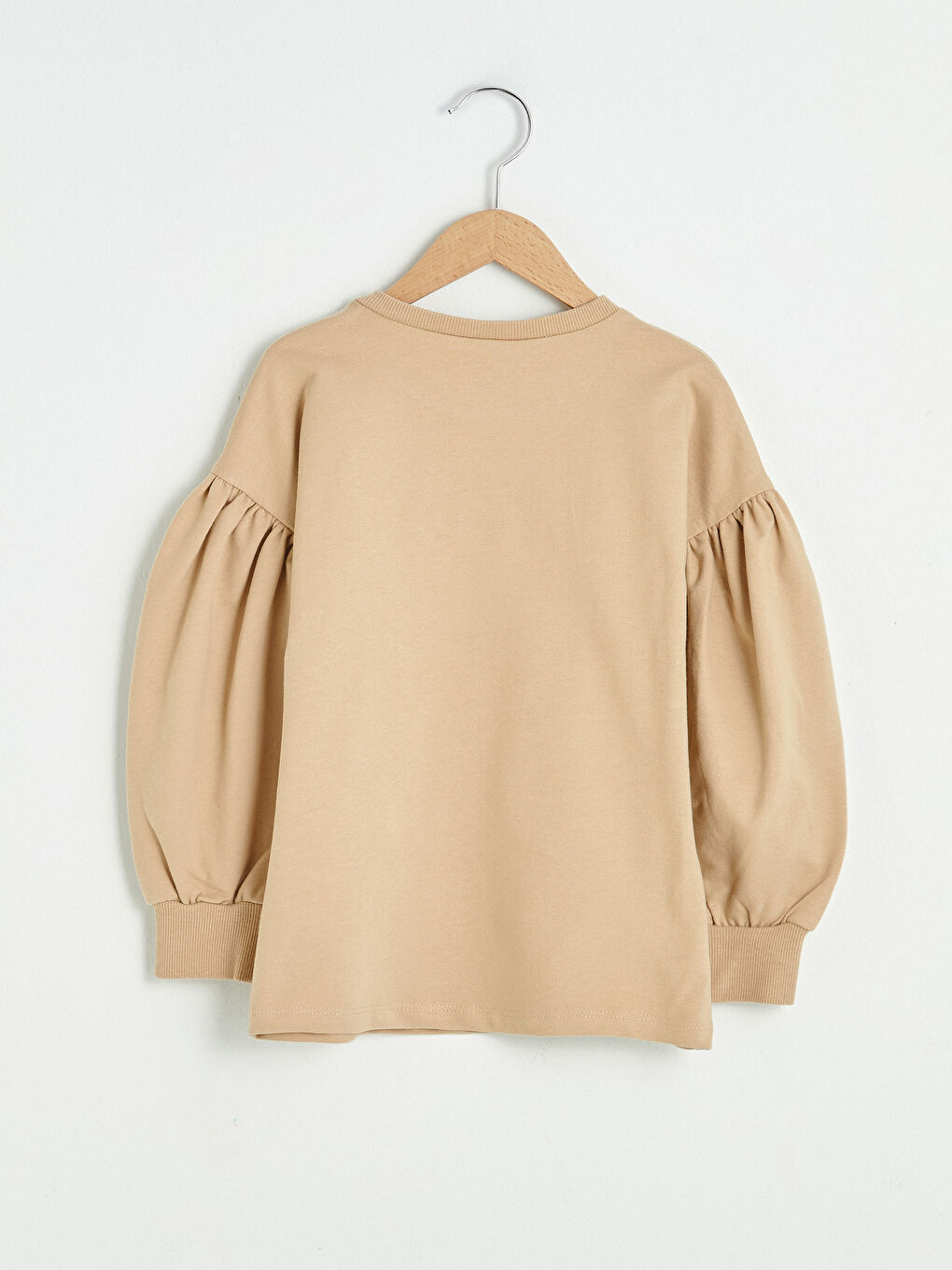 Bej Bisiklet Yaka Pul İşlemeli Uzun Kollu Kız Çocuk Sweatshirt-1