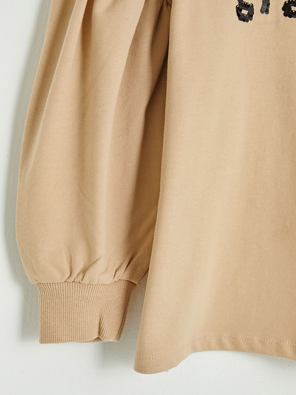 Bej Bisiklet Yaka Pul İşlemeli Uzun Kollu Kız Çocuk Sweatshirt-3
