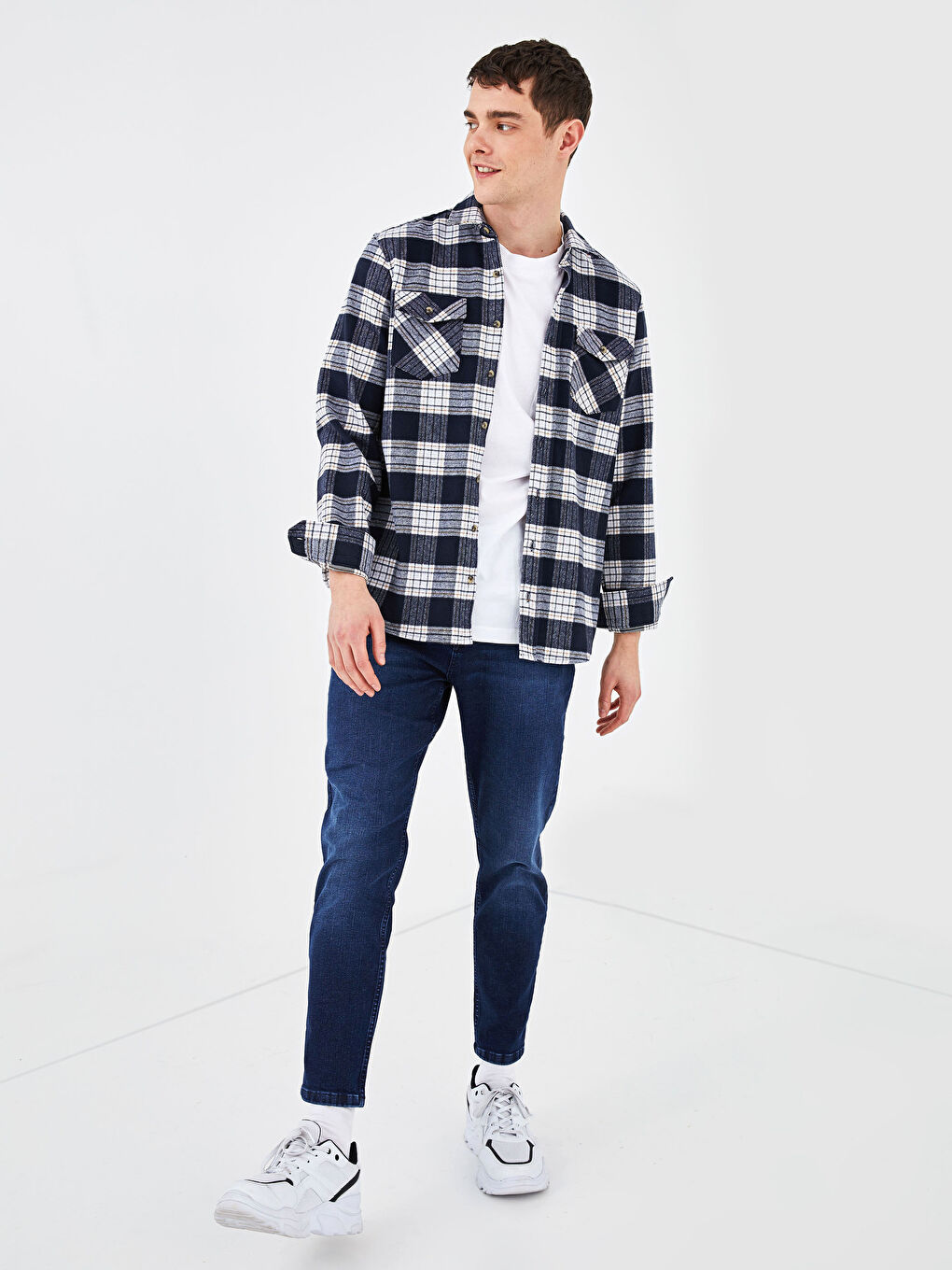 Lacivert Slim Fit Uzun Kollu Ekose Erkek Oduncu Gömlek-2