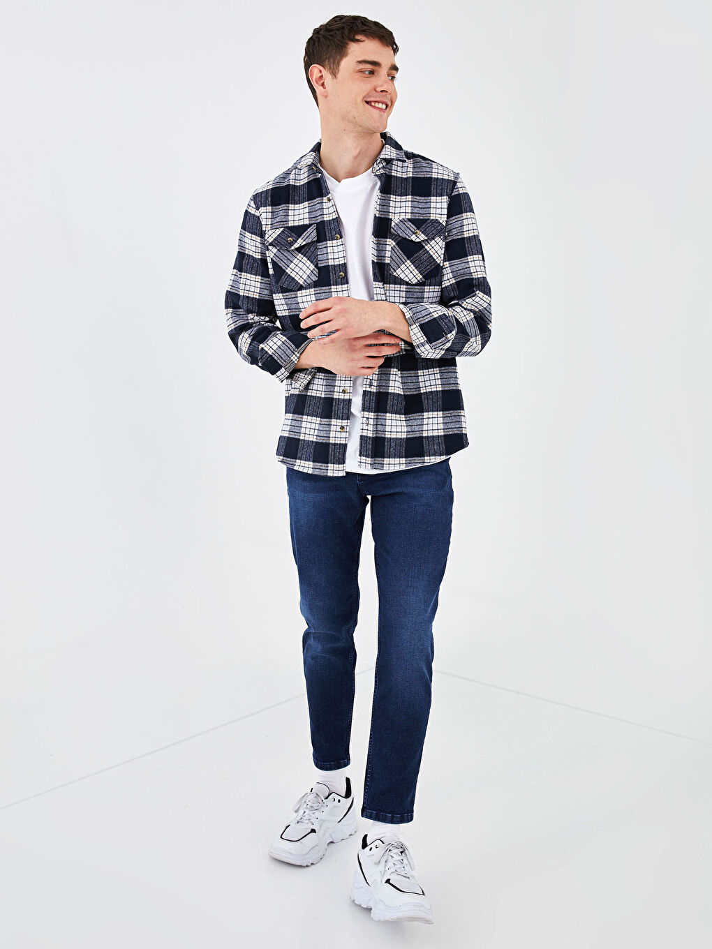 Lacivert Slim Fit Uzun Kollu Ekose Erkek Oduncu Gömlek-3