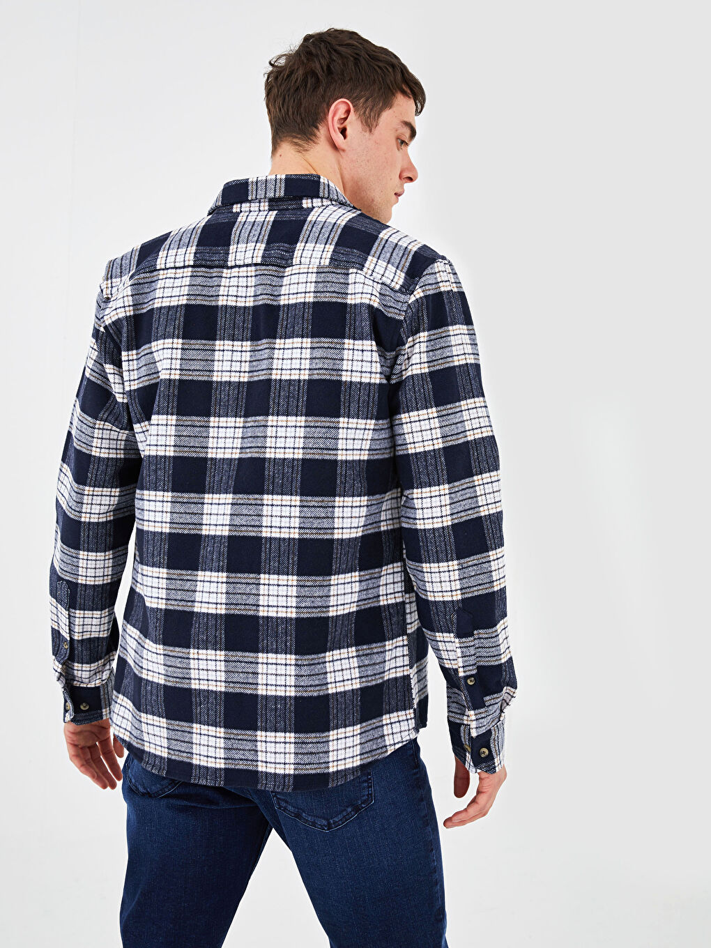 Lacivert Slim Fit Uzun Kollu Ekose Erkek Oduncu Gömlek-4