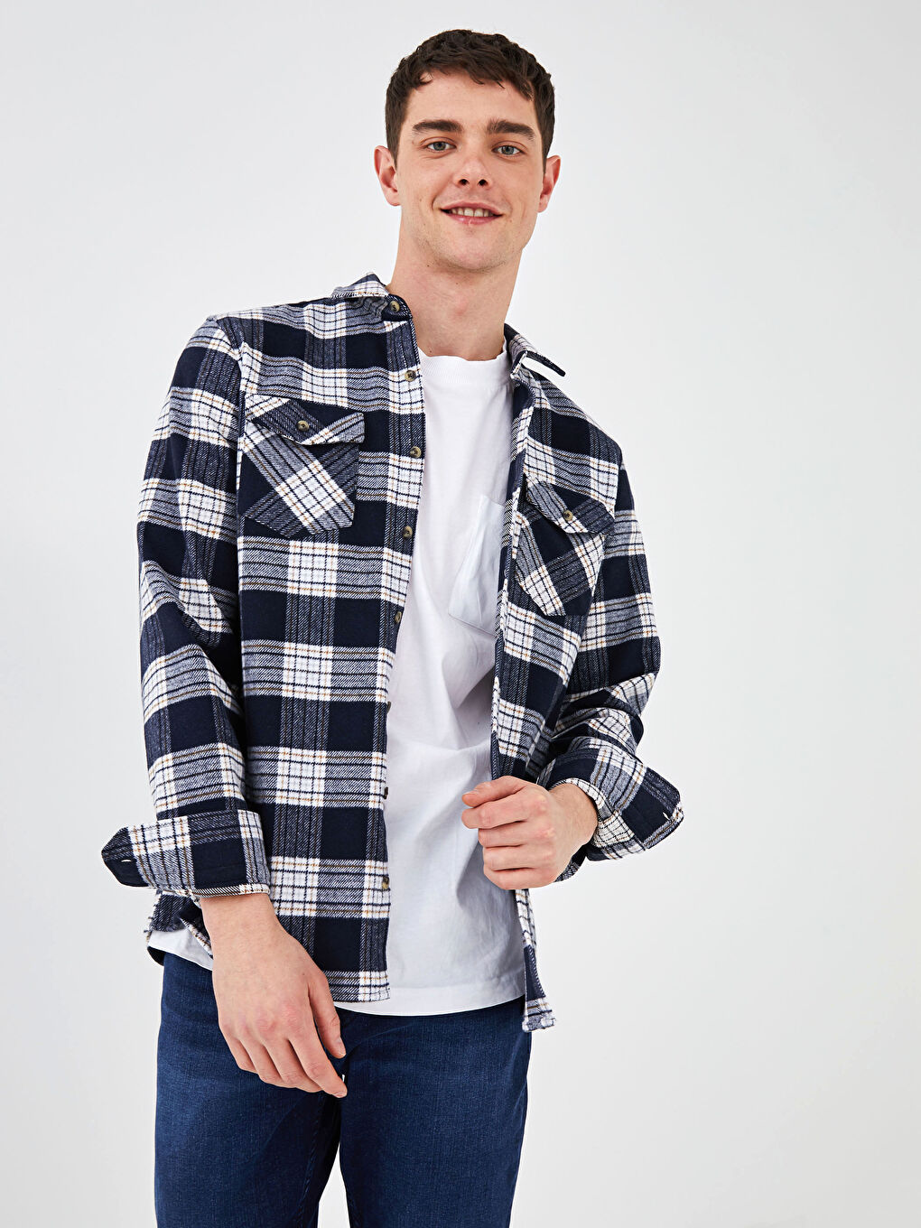 Lacivert Slim Fit Uzun Kollu Ekose Erkek Oduncu Gömlek-5