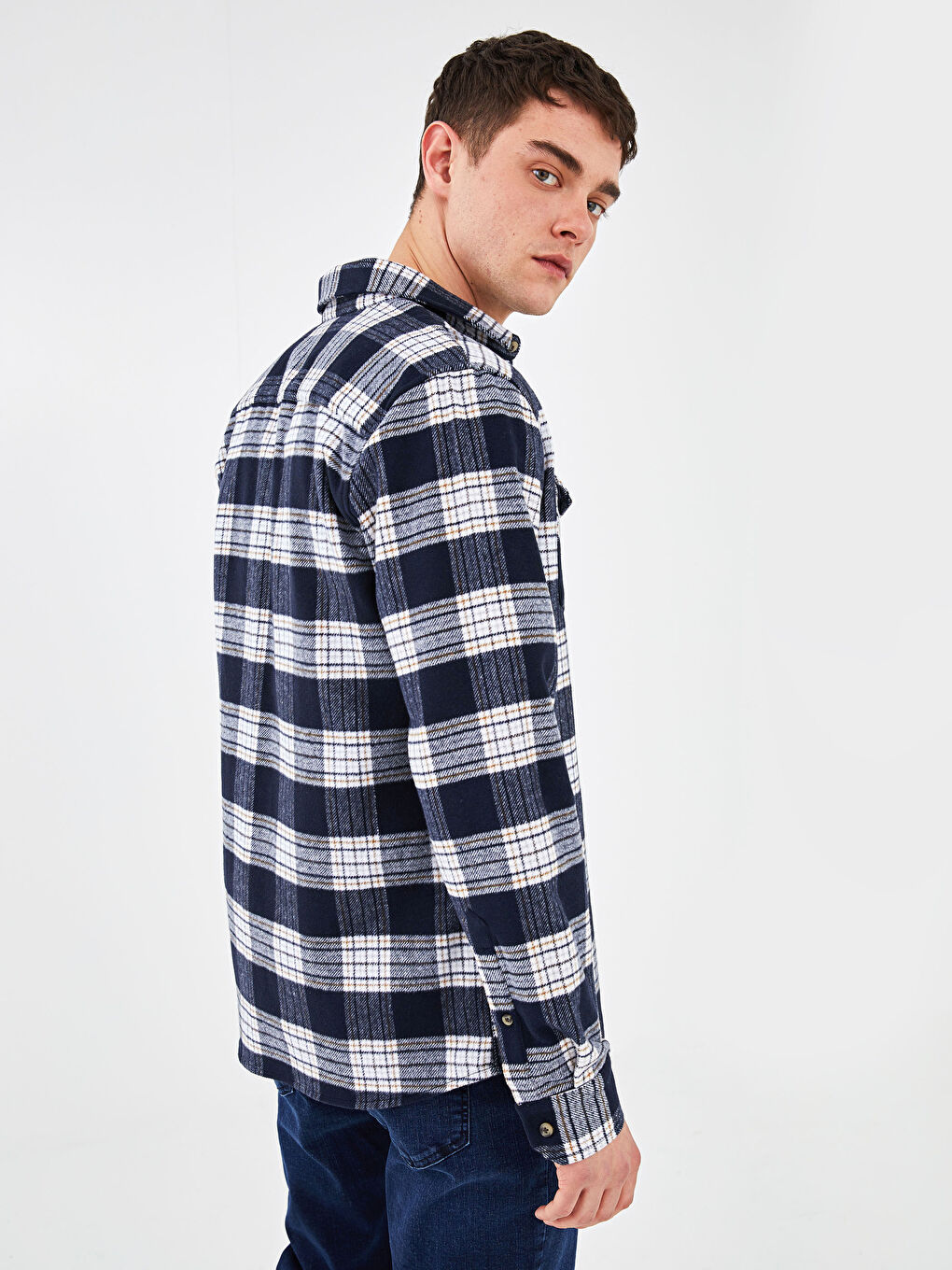 Lacivert Slim Fit Uzun Kollu Ekose Erkek Oduncu Gömlek