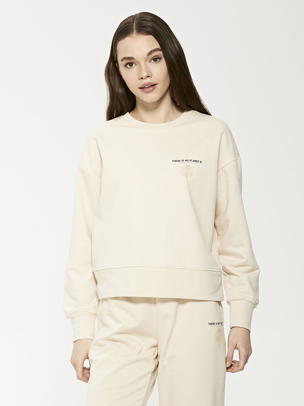 Sweat-shirt à manches longues imprimé avec slogan et col rond pour Femmes-2