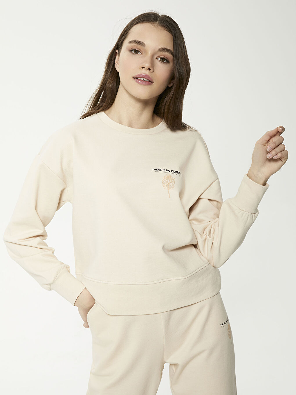 Sweat-shirt à manches longues imprimé avec slogan et col rond pour Femmes