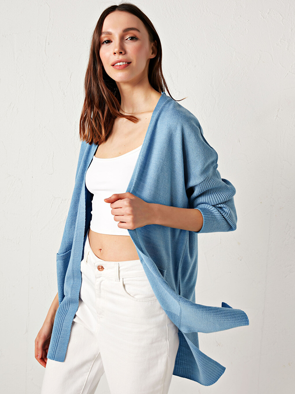 Self Patterned Thin V Neck Knitwear Cardigan